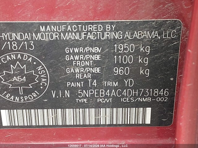 12656617 :رقم المزاد ، 5NPEB4AC4DH731846 vin ، 2013 Hyundai Sonata Gls مزاد بيع