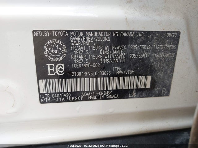 2020 Toyota Rav4 Xle/xle Premium მანქანა იყიდება აუქციონზე, vin: 2T3R1RFV5LC133625, აუქციონის ნომერი: 12656629