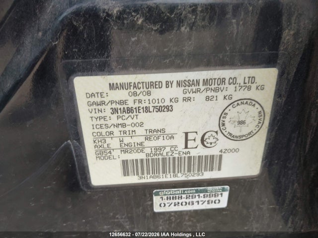 Продаж на аукціоні авто 2008 Nissan Sentra 2.0/2.0s/2.0sl, vin: 3N1AB61E18L750293, номер лоту: 12656632
