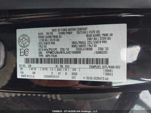 2020 Ford Escape Titanium მანქანა იყიდება აუქციონზე, vin: 1FMCU9J91LUC10909, აუქციონის ნომერი: 12656633