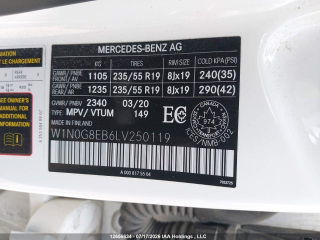 2020 Mercedes-benz Glc 300 4matic მანქანა იყიდება აუქციონზე, vin: W1N0G8EB6LV250119, აუქციონის ნომერი: 12656634