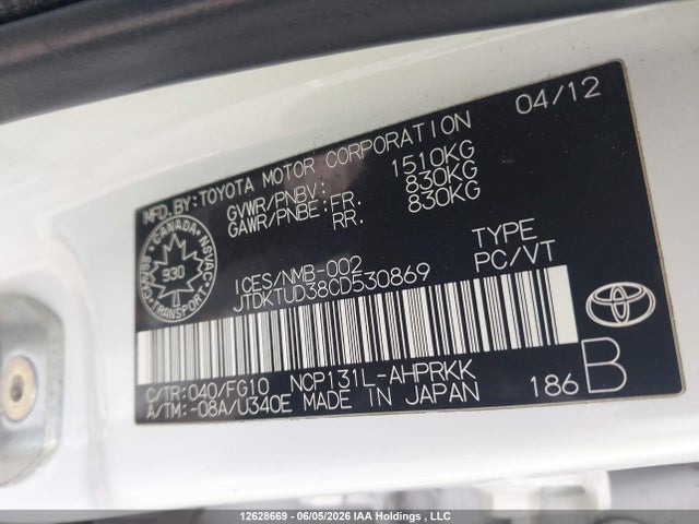 2012 Toyota Yaris Le მანქანა იყიდება აუქციონზე, vin: JTDKTUD38CD530869, აუქციონის ნომერი: 12628669