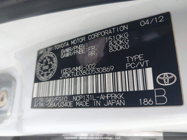 2012 Toyota Yaris Le მანქანა იყიდება აუქციონზე, vin: JTDKTUD38CD530869, აუქციონის ნომერი: 12628669