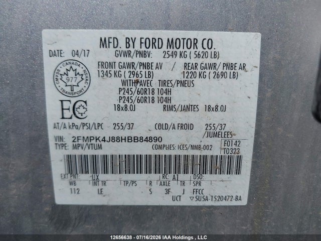 12656638 :رقم المزاد ، 2FMPK4J88HBB84890 vin ، 2017 Ford Edge Sel مزاد بيع