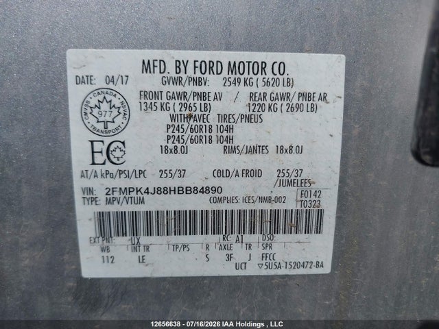 12656638 :رقم المزاد ، 2FMPK4J88HBB84890 vin ، 2017 Ford Edge Sel مزاد بيع
