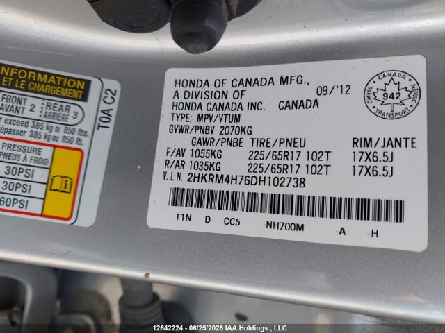 12642224 :رقم المزاد ، 2HKRM4H76DH102738 vin ، 2013 Honda Cr-v Ex-l مزاد بيع