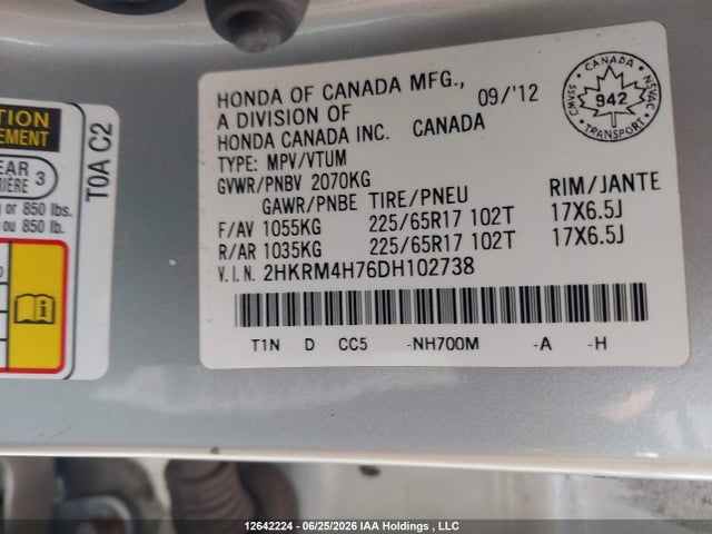 12642224 :رقم المزاد ، 2HKRM4H76DH102738 vin ، 2013 Honda Cr-v Ex-l مزاد بيع