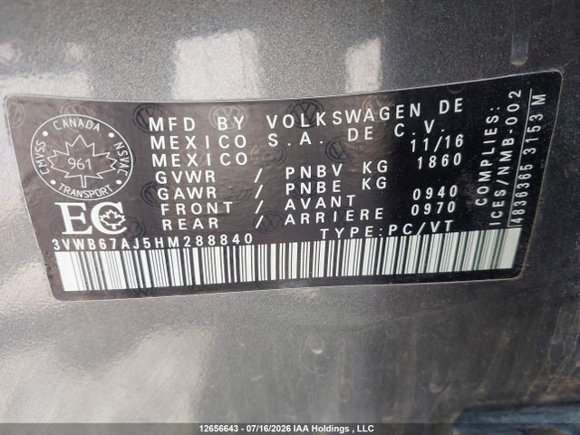 12656643 :رقم المزاد ، 3VWB67AJ5HM288840 vin ، 2017 Volkswagen Jetta Wolfsburg Edition مزاد بيع