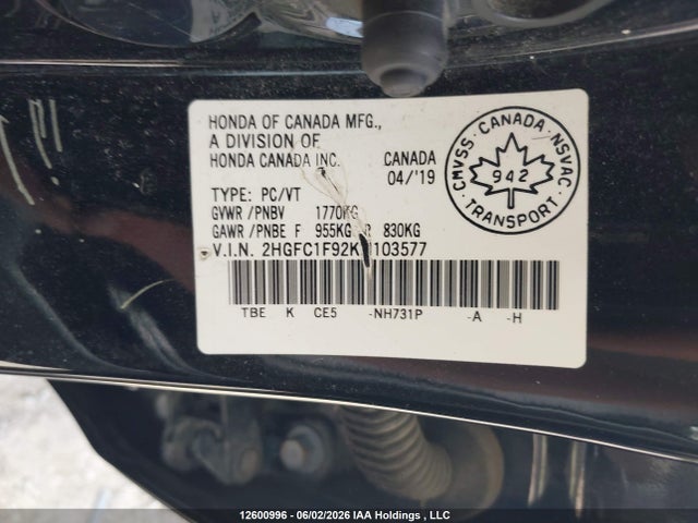 Honda Civic Touring 2019 2HGFC1F92KH103577 Image 9