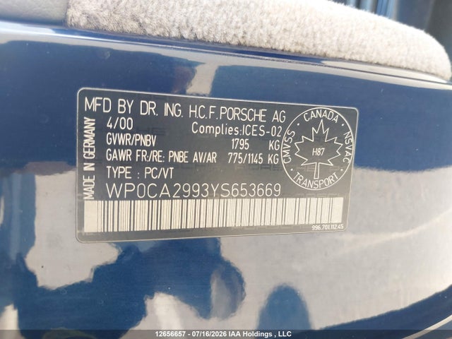 2000 Porsche 911 Carrera 2 Cabriolet მანქანა იყიდება აუქციონზე, vin: WP0CA2993YS653669, აუქციონის ნომერი: 12656657
