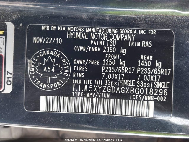 Aukcja sprzedaży 2011 Hyundai Santa Fe Gl 3.5, vin: 5XYZGDAGXBG018296, numer aukcji: 12656671