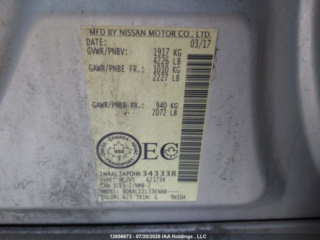 12656673 :رقم المزاد ، 1N4AL3AP0HN343338 vin ، 2017 Nissan Altima 2.5/2.5 S/2.5 Sl/2.5 Sr/2.5 Sv مزاد بيع