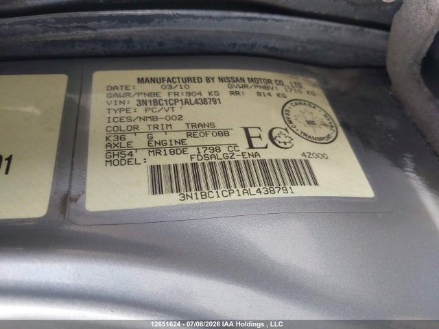 Продаж на аукціоні авто 2010 Nissan Versa 1.8sl, vin: 3N1BC1CP1AL438791, номер лоту: 12651624