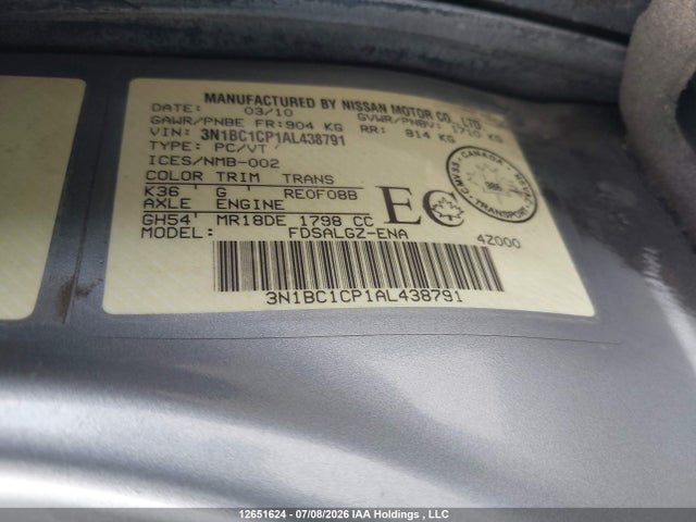 Продаж на аукціоні авто 2010 Nissan Versa 1.8sl, vin: 3N1BC1CP1AL438791, номер лоту: 12651624
