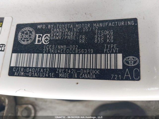 Aukcja sprzedaży 2012 Toyota Matrix, vin: 2T1KU4EE0CC856319, numer aukcji: 12644732