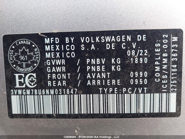 3VWGM7BU6NM031847 Volkswagen JETTA SEL