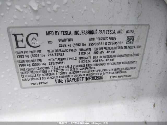 Tesla Model Y 2022 7SAYGDEF1NF383980 Image 9
