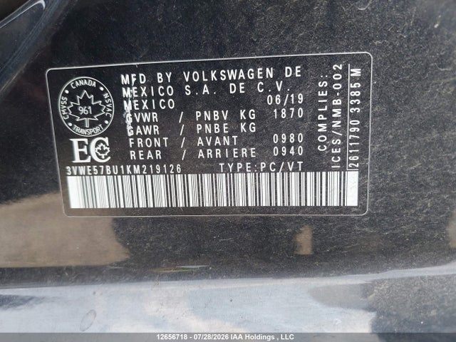 12656718 :رقم المزاد ، 3VWE57BU1KM219126 vin ، 2019 Volkswagen Jetta 1.4 Tsi Highline مزاد بيع