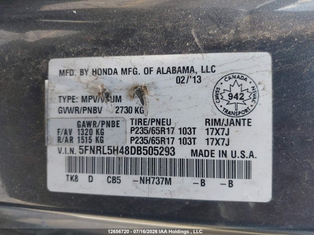 12656720 :رقم المزاد ، 5FNRL5H48DB505293 vin ، 2013 Honda Odyssey مزاد بيع