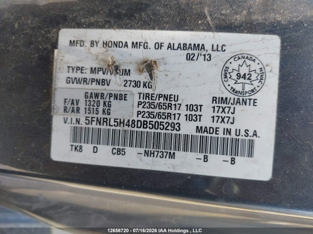 12656720 :رقم المزاد ، 5FNRL5H48DB505293 vin ، 2013 Honda Odyssey مزاد بيع
