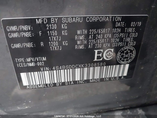 2019 Subaru Outback 2.5i Premium მანქანა იყიდება აუქციონზე, vin: 4S4BSDDCXK3308580, აუქციონის ნომერი: 12656734