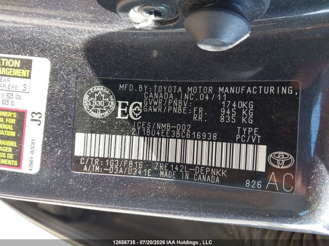2011 Toyota Corolla Le მანქანა იყიდება აუქციონზე, vin: 2T1BU4EE3BC616938, აუქციონის ნომერი: 12656735