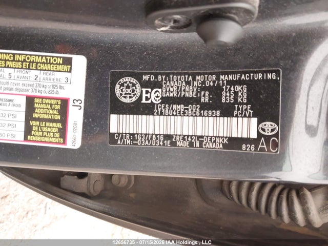 2011 Toyota Corolla Le მანქანა იყიდება აუქციონზე, vin: 2T1BU4EE3BC616938, აუქციონის ნომერი: 12656735