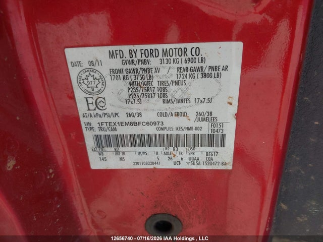 12656740 :رقم المزاد ، 1FTEX1EM8BFC60973 vin ، 2011 Ford F150 Super Cab مزاد بيع