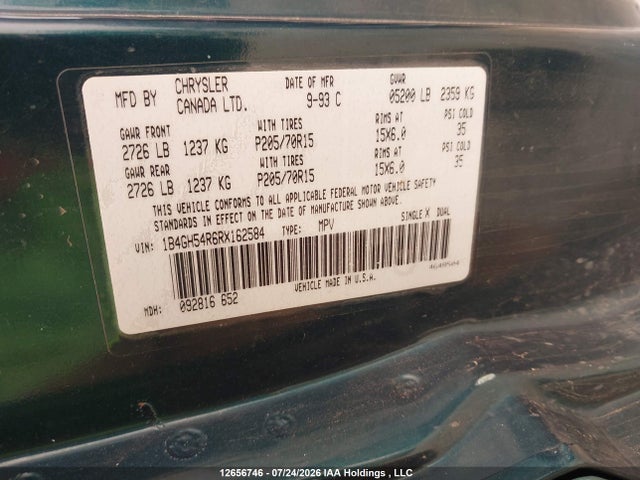 12656746 :رقم المزاد ، 1B4GH54R6RX162584 vin ، 1994 Dodge Grand Caravan Le/es مزاد بيع