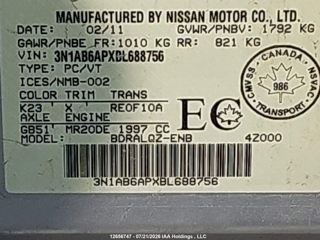 Aukcja sprzedaży 2011 Nissan Sentra 2.0/2.0s/sr/2.0sl, vin: 3N1AB6APXBL688756, numer aukcji: 12656747
