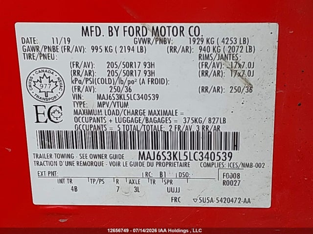 Продажа на аукционе авто 2020 Ford Ecosport Titanium, vin: MAJ6S3KL5LC340539, номер лота: 12656749