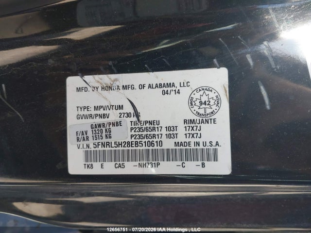 5FNRL5H28EB510610 Honda ODYSSEY LX