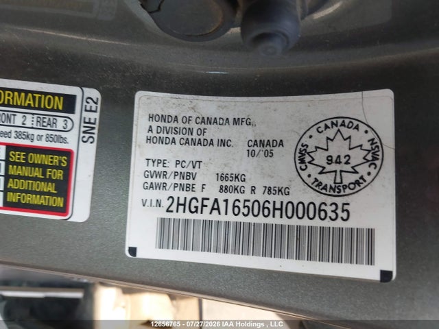 Продажа на аукционе авто 2006 Honda Civic Lx, vin: 2HGFA16506H000635, номер лота: 12656765