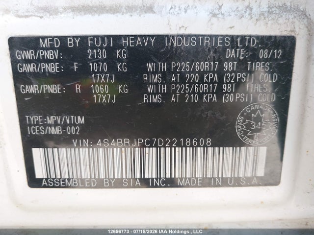 12656773 :رقم المزاد ، 4S4BRJPC7D2218608 vin ، 2013 Subaru Outback مزاد بيع