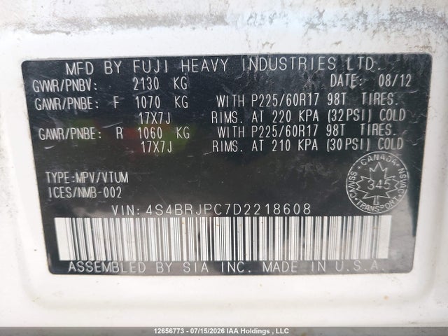 12656773 :رقم المزاد ، 4S4BRJPC7D2218608 vin ، 2013 Subaru Outback مزاد بيع