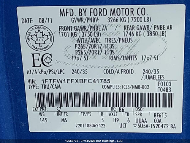 2011 Ford F150 Supercrew მანქანა იყიდება აუქციონზე, vin: 1FTFW1EFXBFC41785, აუქციონის ნომერი: 12656775