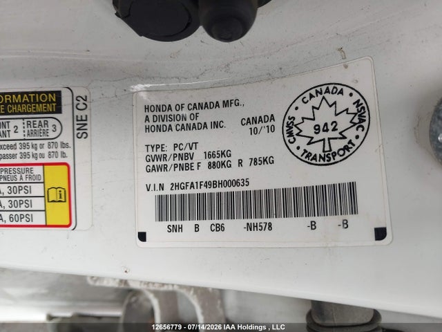 12656779 :رقم المزاد ، 2HGFA1F49BH000635 vin ، 2011 Honda Civic مزاد بيع