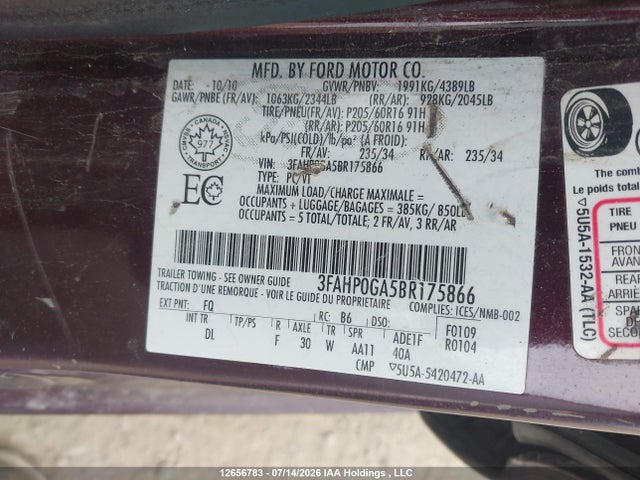 12656783 :رقم المزاد ، 3FAHP0GA5BR175866 vin ، 2011 Ford Fusion S مزاد بيع