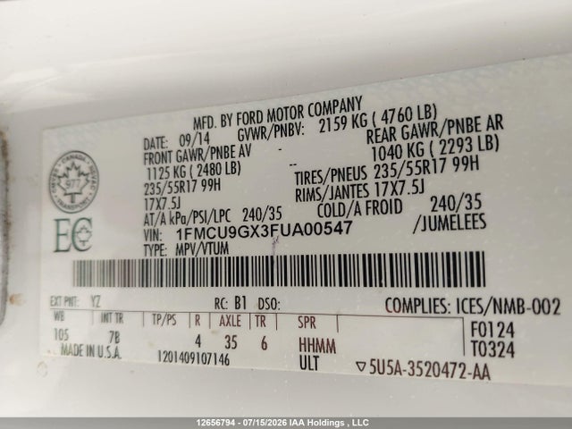 12656794 :رقم المزاد ، 1FMCU9GX3FUA00547 vin ، 2015 Ford Escape Se مزاد بيع