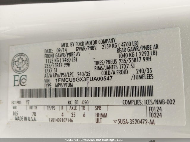 12656794 :رقم المزاد ، 1FMCU9GX3FUA00547 vin ، 2015 Ford Escape Se مزاد بيع