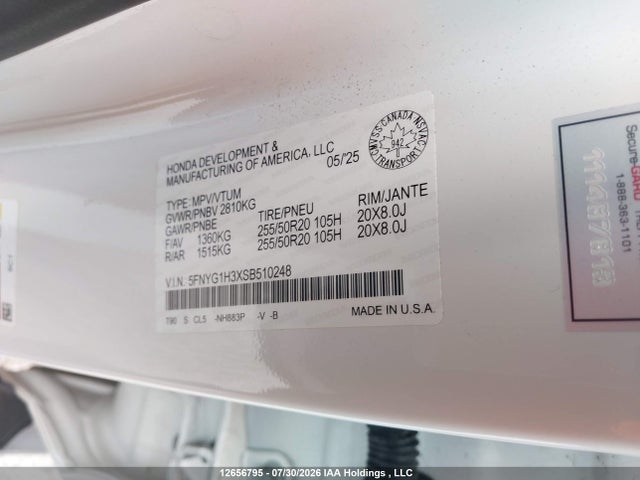 12656795 :رقم المزاد ، 5FNYG1H3XSB510248 vin ، 2025 Honda Pilot Sport مزاد بيع