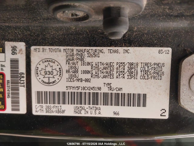 2012 Toyota Tundra Base 5.7l V8 მანქანა იყიდება აუქციონზე, vin: 5TFMY5F10CX245190, აუქციონის ნომერი: 12656798