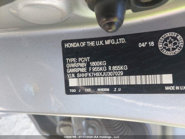 Aukcja sprzedaży 2018 Honda Civic Sport Touring, vin: SHHFK7H9XJU307029, numer aukcji: 12656799