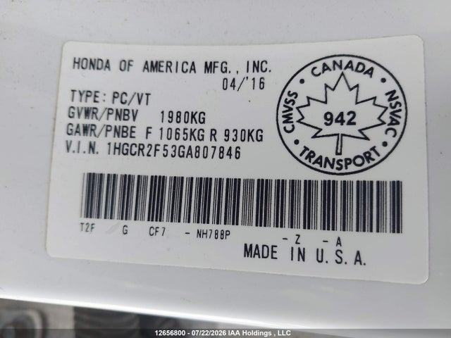 1HGCR2F53GA807846 Honda Accord Sport