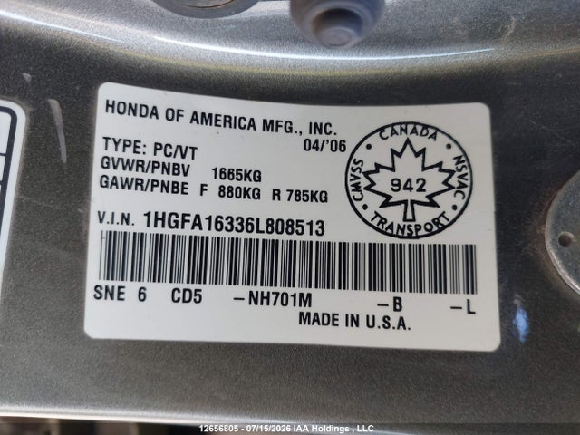 2006 Honda Civic Dx-g მანქანა იყიდება აუქციონზე, vin: 1HGFA16336L808513, აუქციონის ნომერი: 12656805
