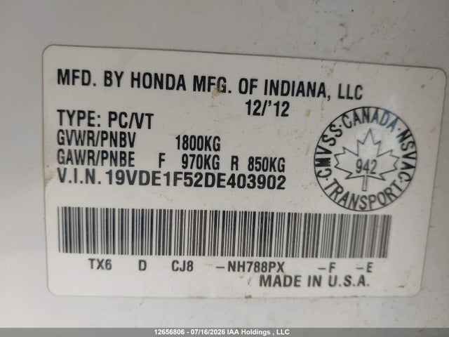 12656806 :رقم المزاد ، 19VDE1F52DE403902 vin ، 2013 Acura Ilx مزاد بيع