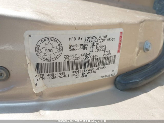 12656808 :رقم المزاد ، JT2BG22K110592663 vin ، 2001 Toyota Camry Ce/le مزاد بيع