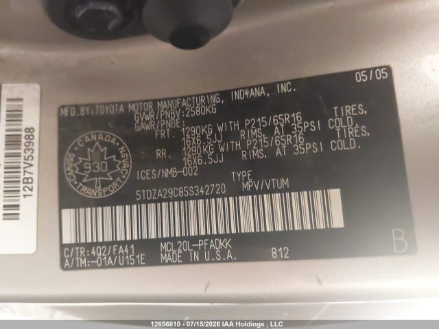 Продаж на аукціоні авто 2005 Toyota Sienna Ce 7 Passenger/ce 8 Passenger, vin: 5TDZA29C85S342720, номер лоту: 12656810