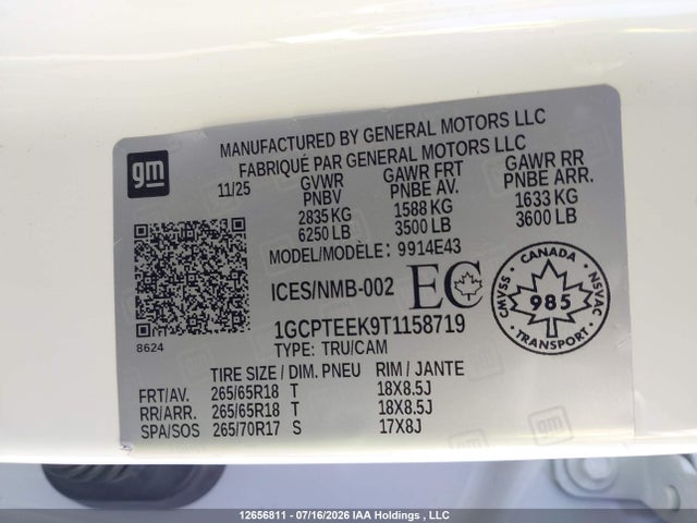 2026 Chevrolet Colorado Trail Boss 4wd მანქანა იყიდება აუქციონზე, vin: 1GCPTEEK9T1158719, აუქციონის ნომერი: 12656811
