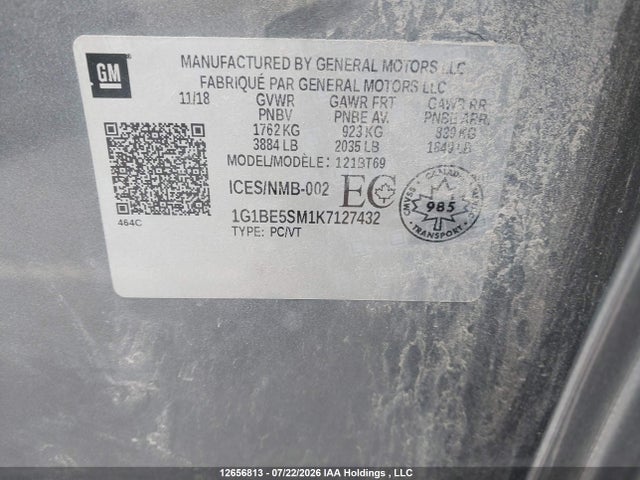 Aukcja sprzedaży 2019 Chevrolet Cruze Lt, vin: 1G1BE5SM1K7127432, numer aukcji: 12656813